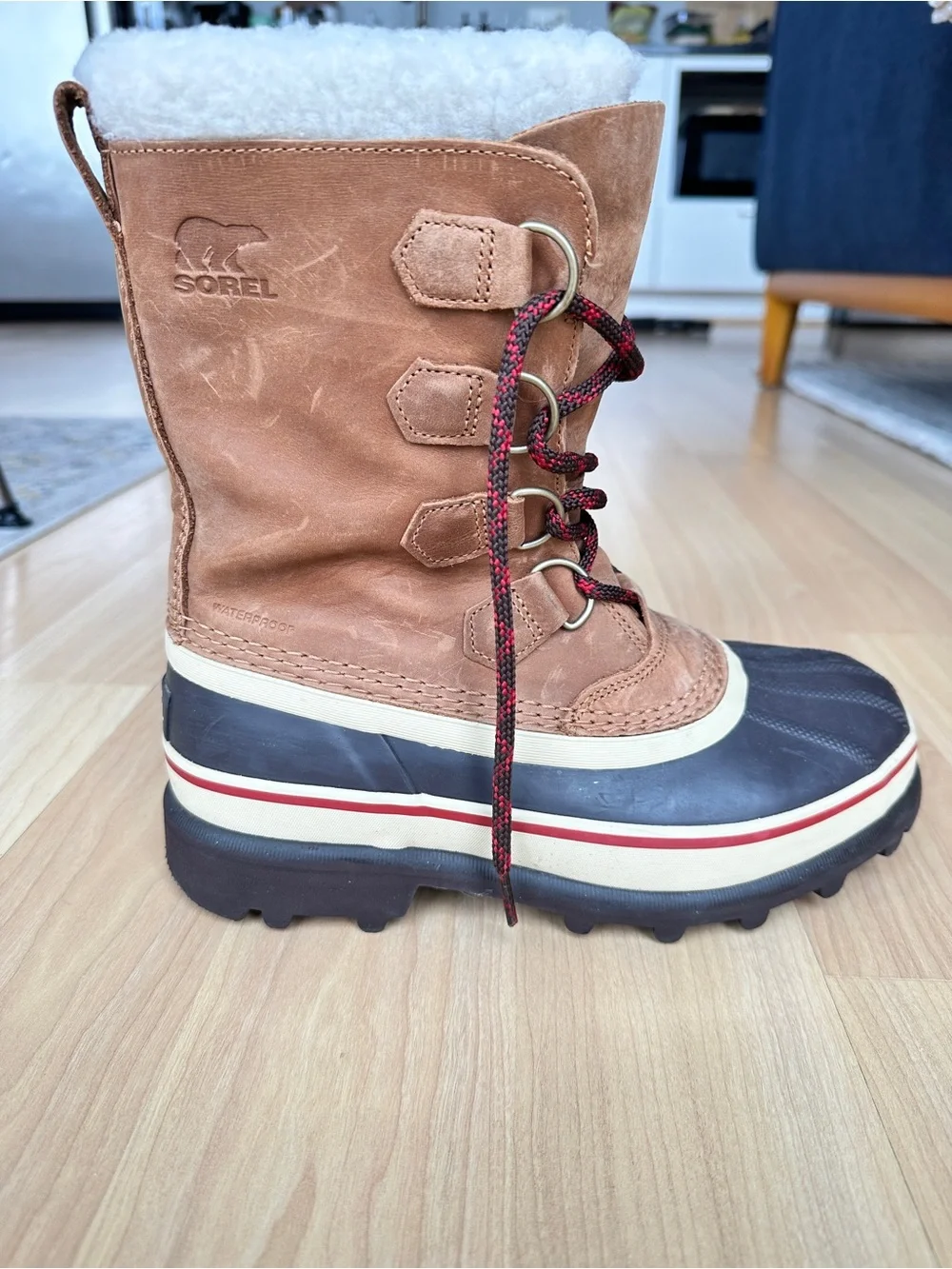 Sorel Tan and Black Waterproof Winter Boot with Red-Accent Laces